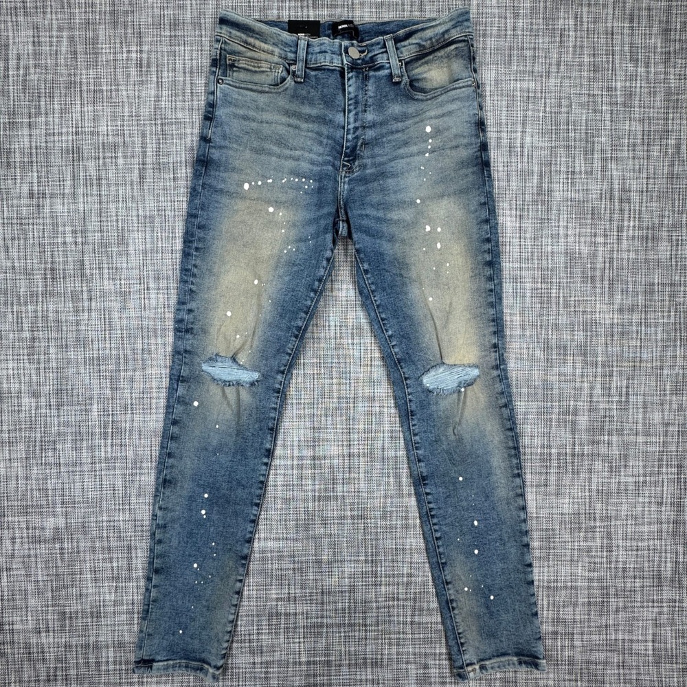 Fashion Nova Jeans Mens 32 Blue Skinny Stretch Paint Splatter Distressed NWT